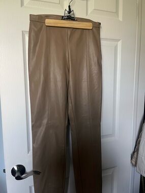 Zara Faux Leather Straight-Leg Pants in Taupe